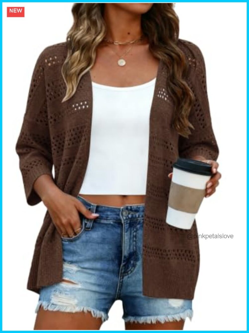 Halife Women's 3/4 Sleeve Crochet Cardigan Open Front Lightweight Summer Sweater